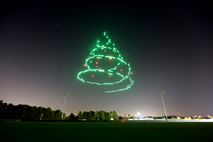 Intel and Walt Disney Parks and Resorts are collaborating on ?Starbright Holidays ? An Intel Collaboration? at the Walt Disney World Resort in Florida. The event at the Disney Springs entertainment district features 300 Intel Shooting Star drones in a choreographed aerial performance. (Credit: Intel Corporation)